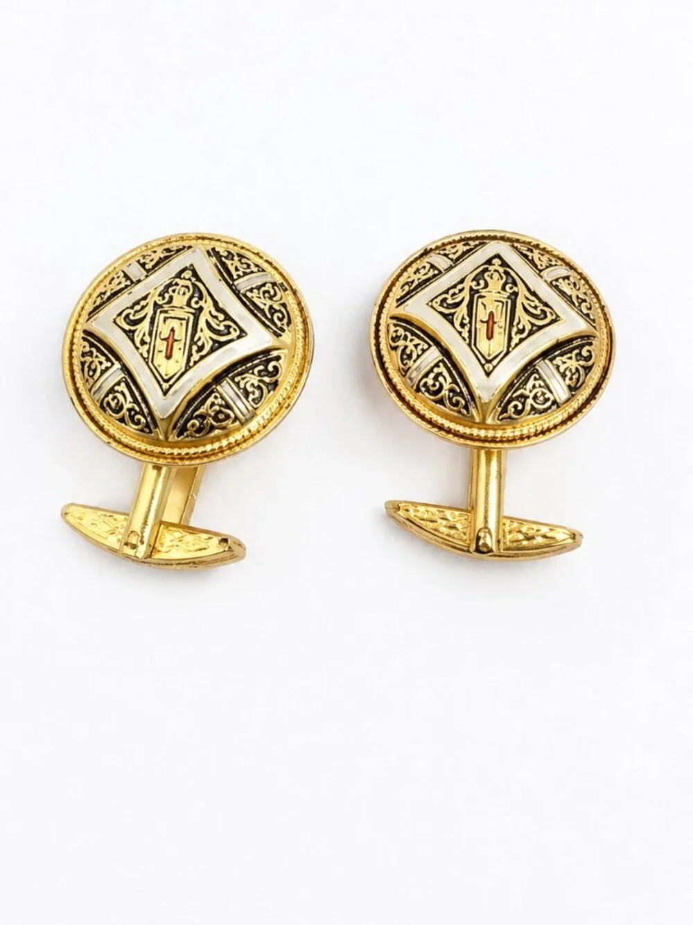 Vintage Gold and Black Shield Motif Cuff Links with Red Accent